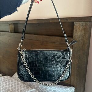 Urban Outfitters Black Croc-Embossed Shoulder Bag with Silver Chain